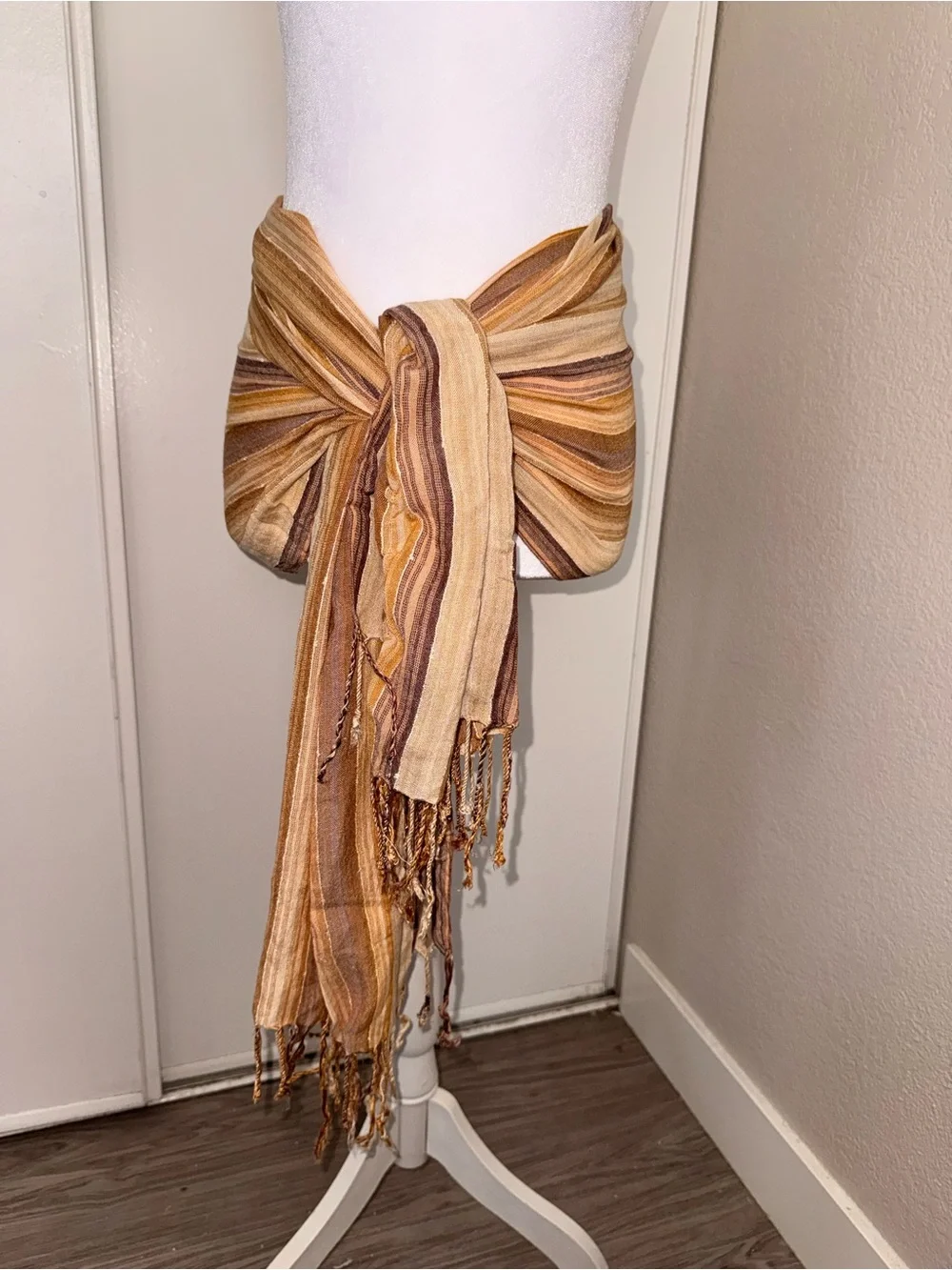 Striped Wrap Skirt in Brown and Tan, scarf, and top